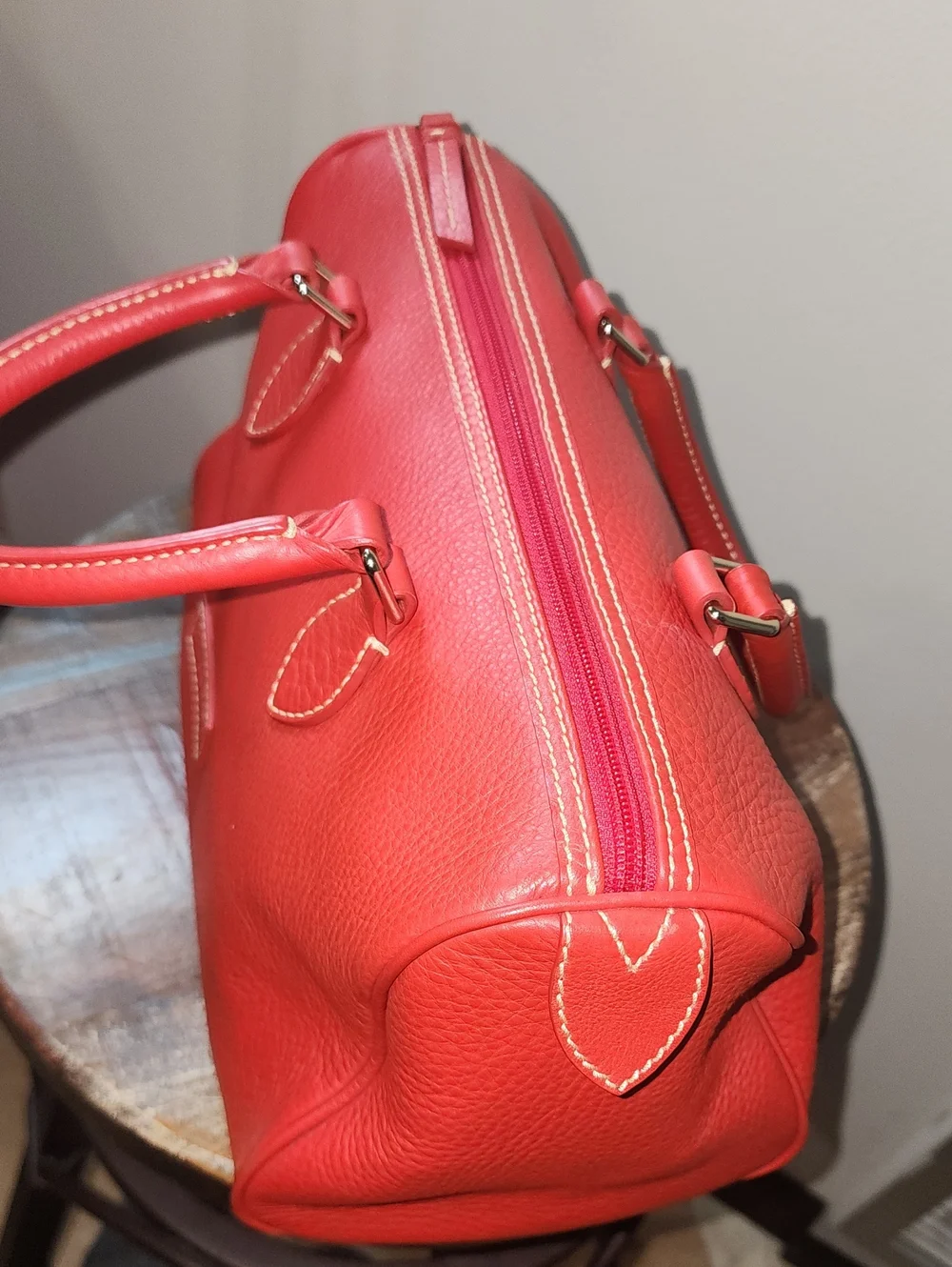 Dooney & Bourke Red Pebbled Soft Leather Barrel Satchel Purse